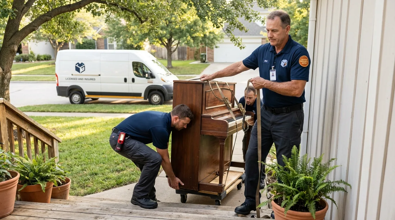 Licensed piano movers securing grand piano in Ocean City, NJ