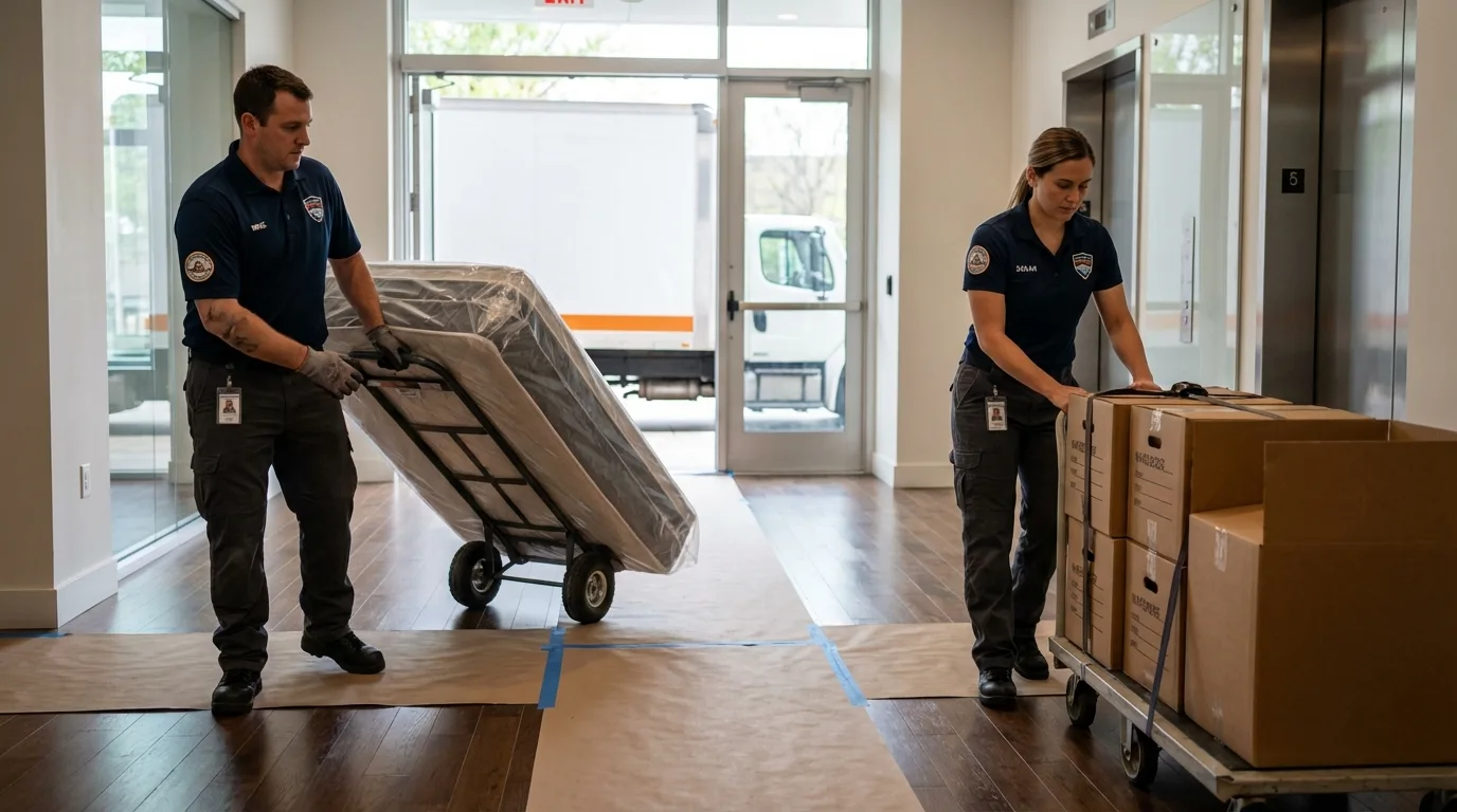Professional apartment movers loading elevator in Ocean City, NJ