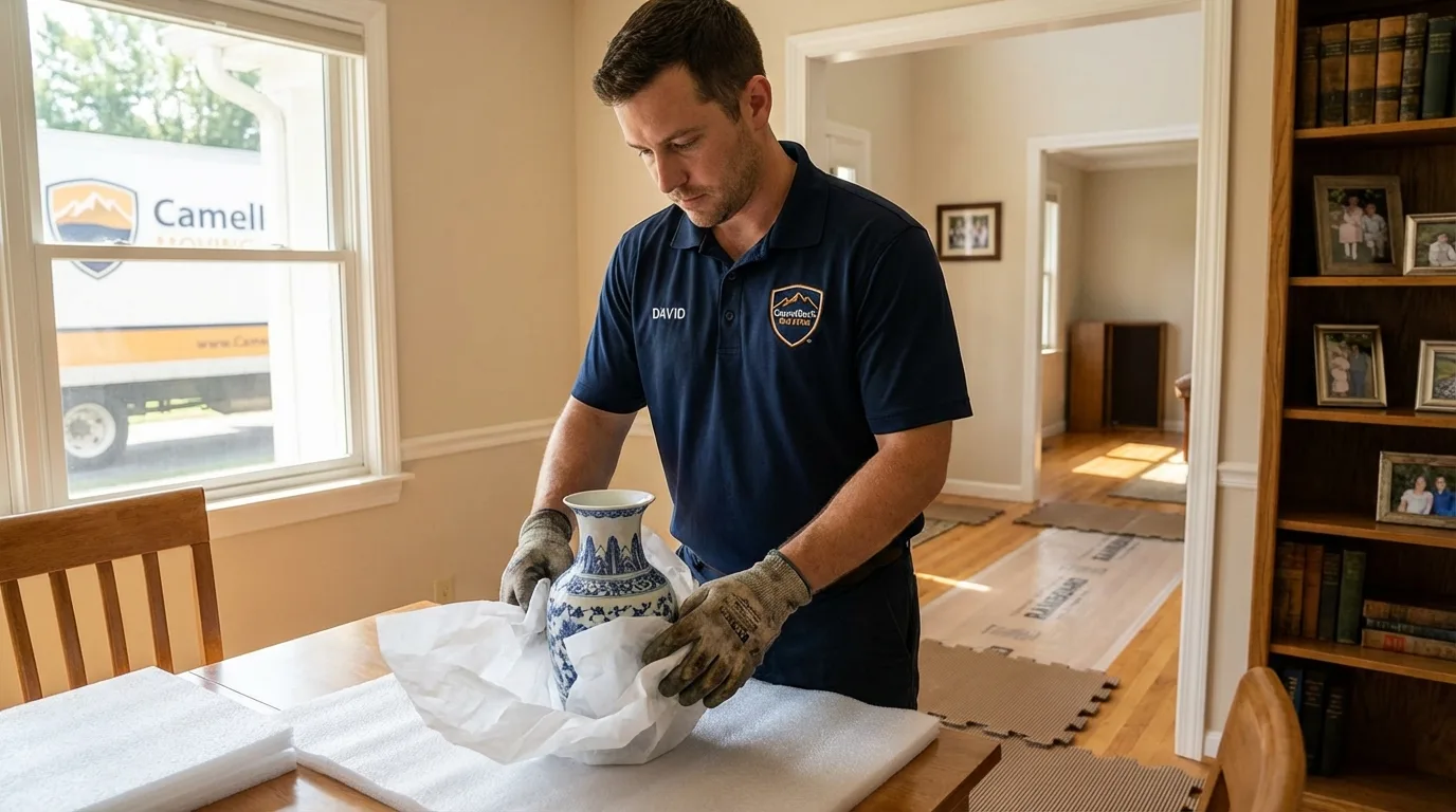 Professional crew carefully wrapping antique vase for senior downsizing move in Ocean City, NJ